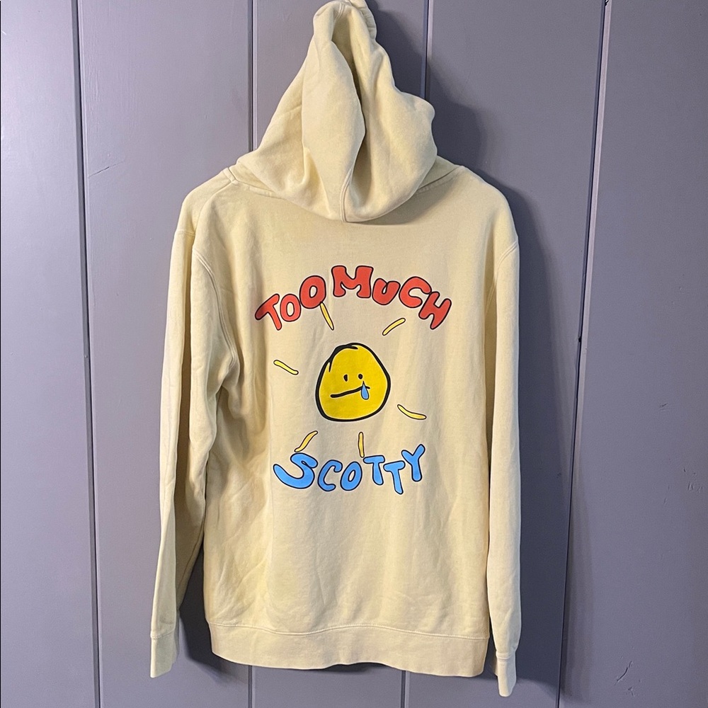 Vlog Squad Too Much Scotty Hoodie Yellow Retro Y2K Street Grunge Skater Fanjoy